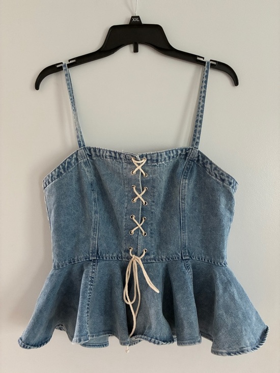 Flying Tomato Tops - Blue Denim Lace Peplum Top